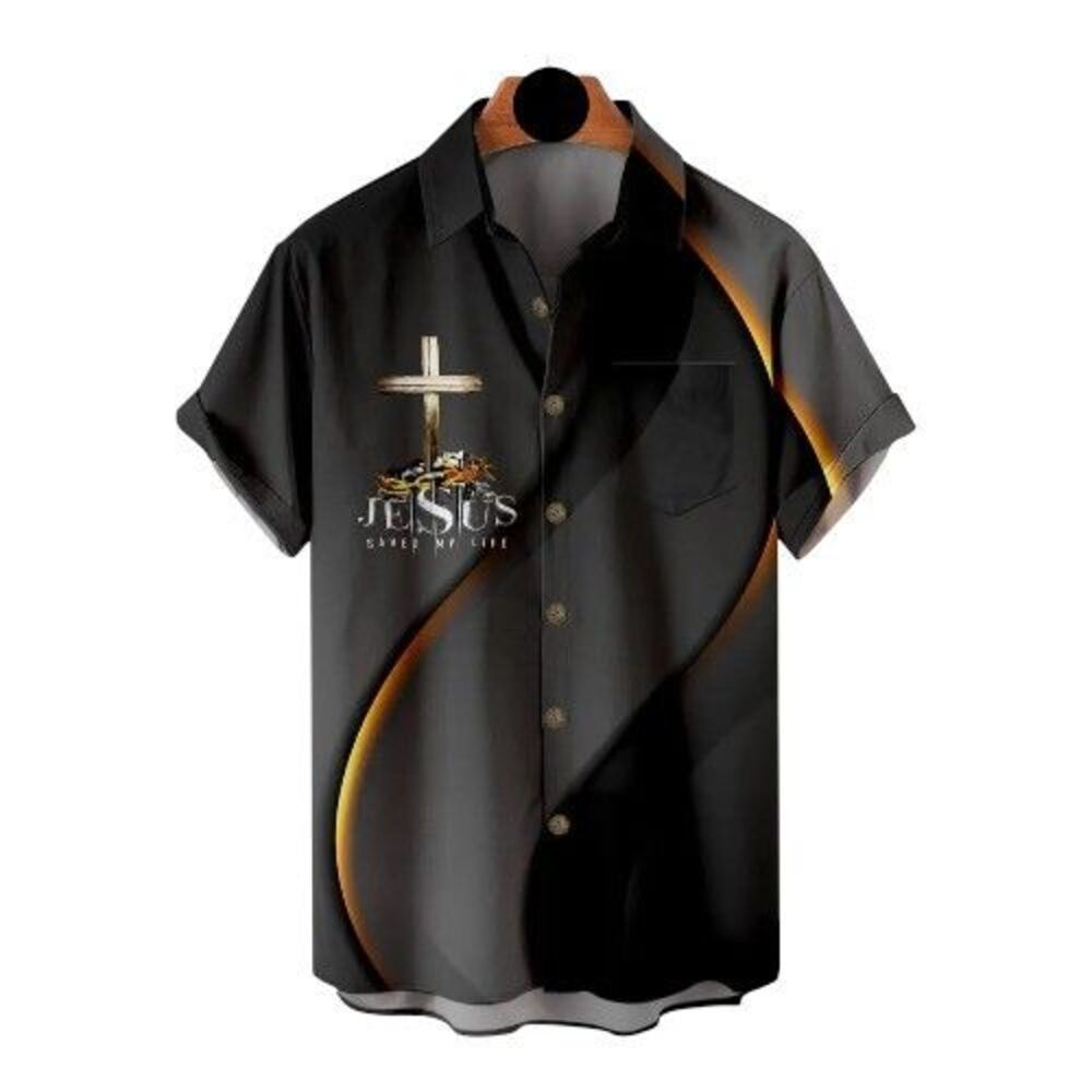 Jesus Saved My Life Men's Button Up Shirt Crown of Thorns Cross Size Large